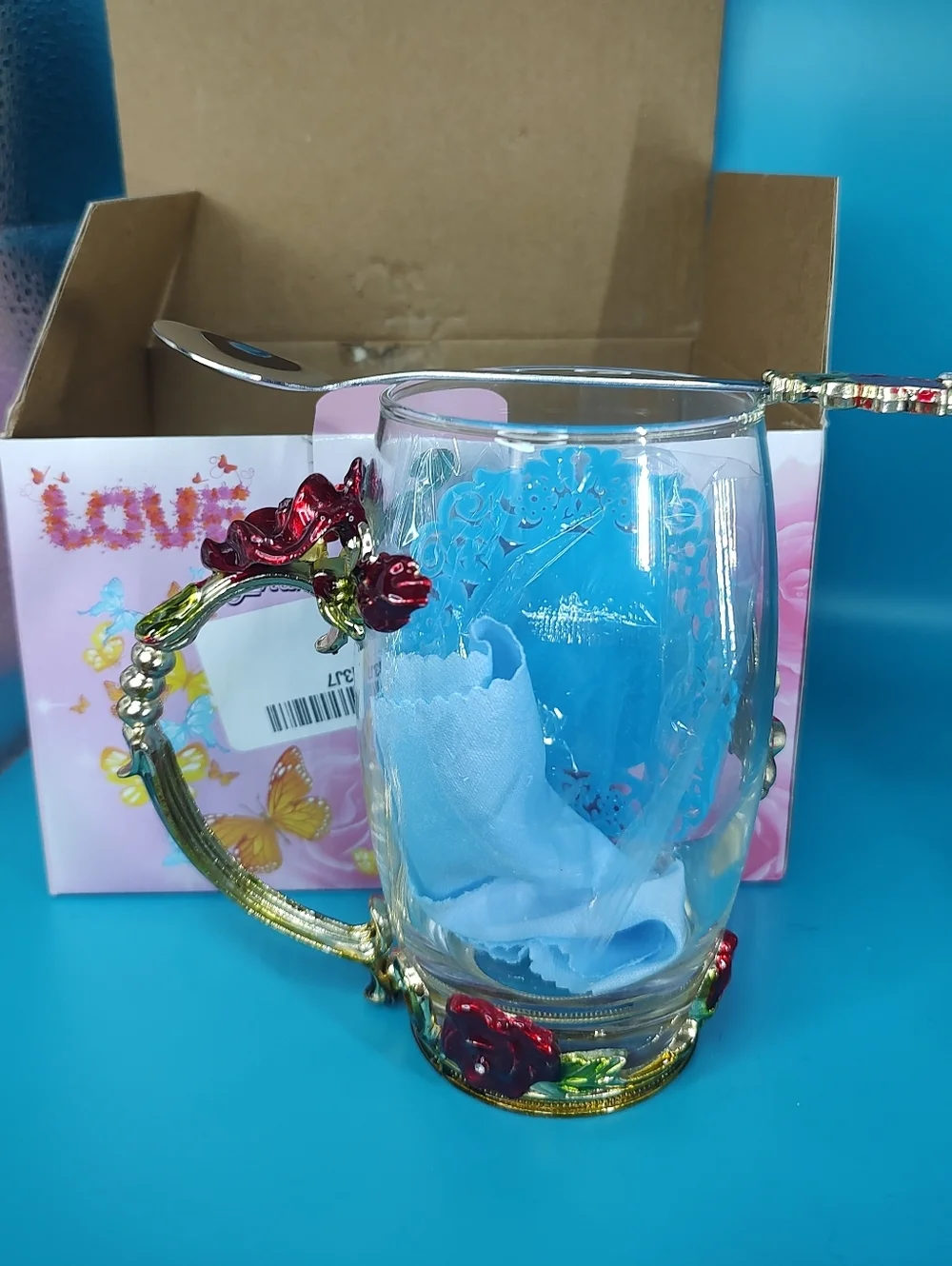 Handicraft Crystal Glass 3D Flower Tea Cup with Spoon Red Rose Accents